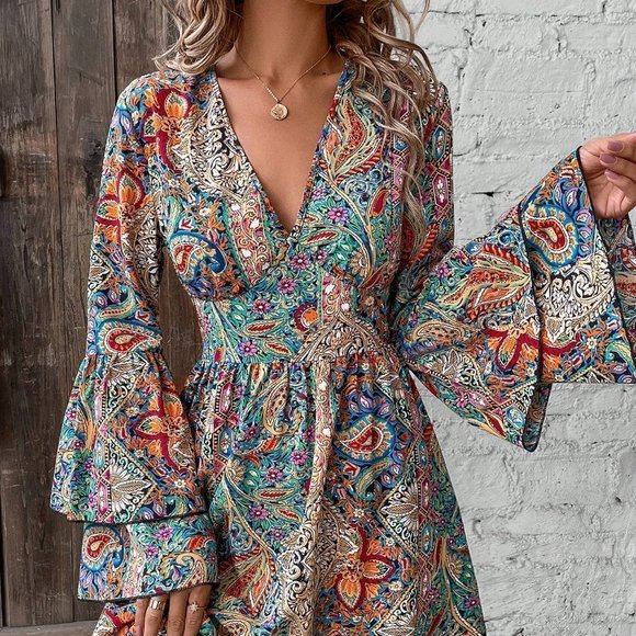 . Dresses & Skirts - Multicolor Boho Women's Floral Print V-Neck Dress